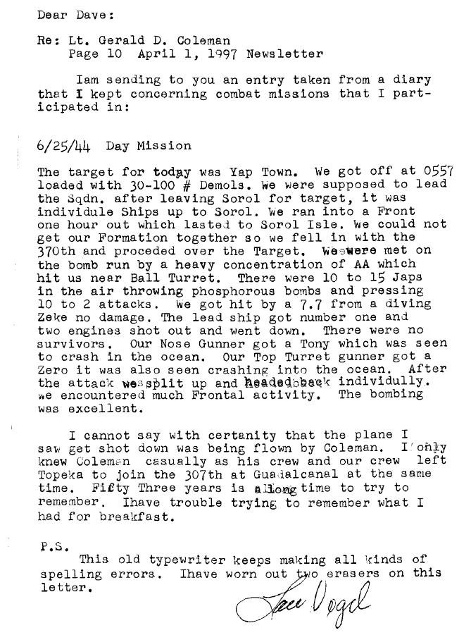 Excerpt from the letter of Lew Vogel